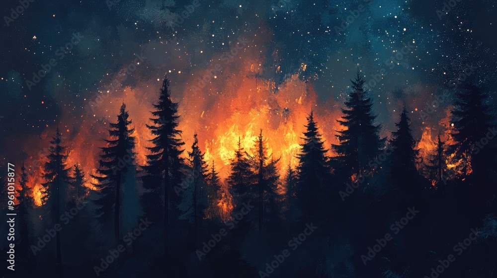 Dramatic Forest Fire at Night with Tall Trees Silhouetted Against a Fiery Sky and Starry Background Dramatic Forest Fire at Night with Tall Trees Silhouetted Against a Fiery Sky and Starry Background
