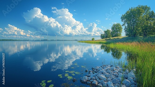 Wind turbines spinning steadily above calm waters on a perfect day. photo