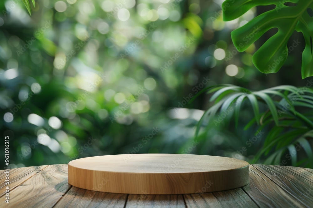 Wood tabletop podium floor in outdoors blur green leaf tropical forest nature landscape background. cosmetic natural product mock-up placement pedestal stand display Wood tabletop podium floor in outdoors blur green leaf tropical forest nature landscape background. cosmetic natural product mock-up placement pedestal stand display
