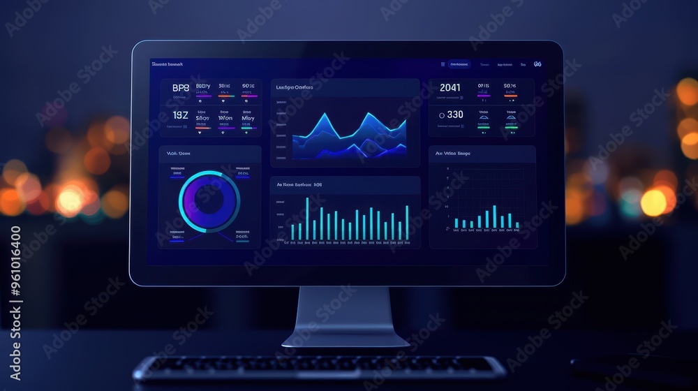 Modern Computer Monitor Displaying Data Analytics Dashboard with Charts and Graphs in a Dark Room Modern Computer Monitor Displaying Data Analytics Dashboard with Charts and Graphs in a Dark Room