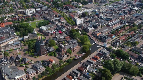 An aerial panorama view around the old town of the city Heerenveen on a sunny summer day in the Netherlands photo