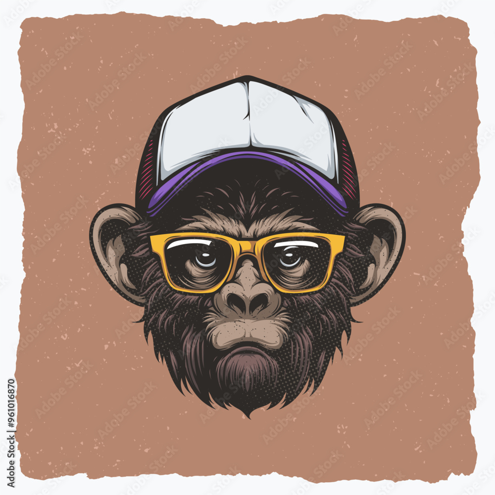 Monkey Illustration Wearing Hat and Glasses with a Flat Expression Monkey Illustration Wearing Hat and Glasses with a Flat Expression
