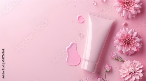 Pink Cosmetic Tube with Flowers and Liquid Drops on Pastel Pink Background - Beauty and Skincare Concept