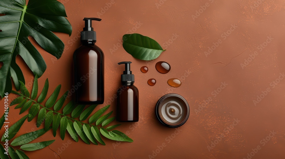 Natural Skincare Products with Green Leaves on Brown Background - Eco-Friendly Beauty Concept Natural Skincare Products with Green Leaves on Brown Background - Eco-Friendly Beauty Concept