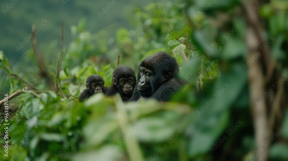 Fototapeta premium Mountain gorilla family sitting in dense vegetation, rare species interaction, lush jungle, soft diffused light