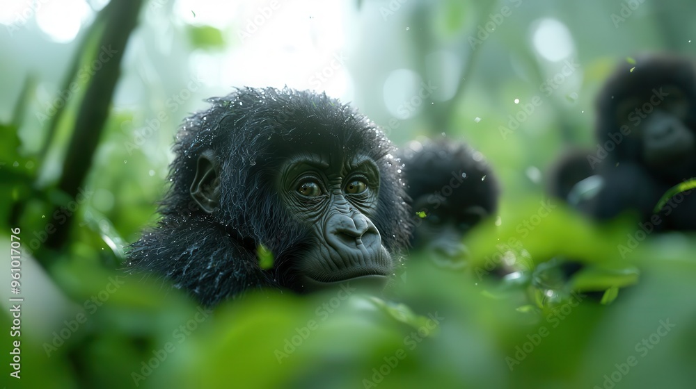A mountain gorilla family sitting in dense vegetation, observing rare species interactions in the lush jungle, bathed in soft diffused light. A mountain gorilla family sitting in dense vegetation, observing rare species interactions in the lush jungle, bathed in soft diffused light.