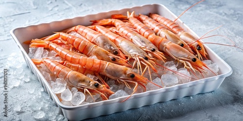 Close up view of fresh raw and frozen langoustines in a box photo