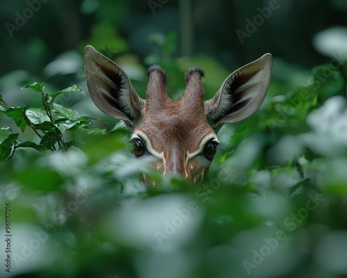 Filtered light through dense canopy shines on the okapi standing amidst thick forest foliage, a rare giraffe relative in its natural habitat. photo