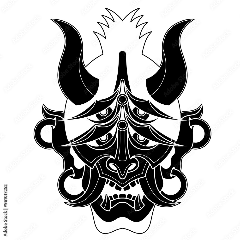 Fototapeta premium Hand drawn traditional tattoo of a Japanese oni mask silhouette 43