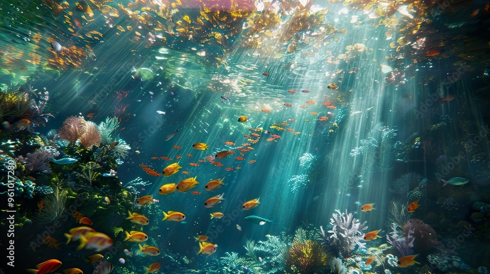 Sunbeams illuminate a vibrant coral reef teeming with colorful fish. Sunbeams illuminate a vibrant coral reef teeming with colorful fish.