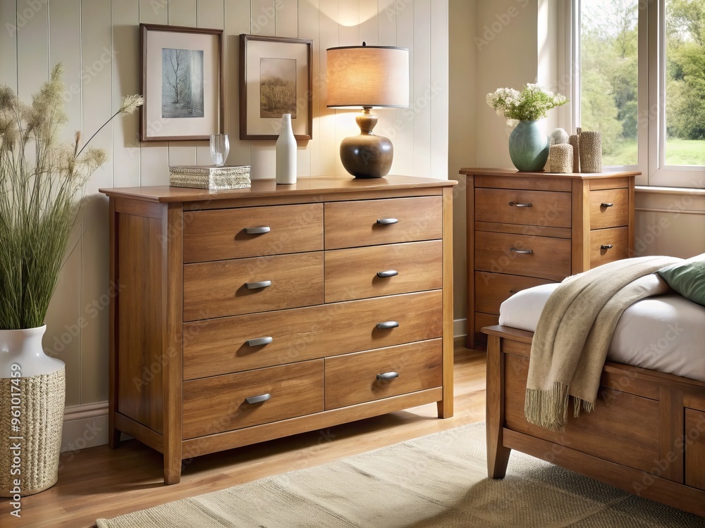 A sturdy chest of drawers, crafted from rich wood, commands attention in a lavish bedroom setting, surrounded by A sturdy chest of drawers, crafted from rich wood, commands attention in a lavish bedroom setting, surrounded by