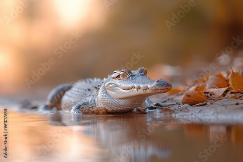 Indian gharial resting on riverbank, rare crocodilian species, reflections in calm water, warm sunlight photo