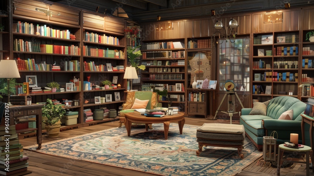 This 3D model features a cozy neighborhood bookstore, filled with shelves of books, comfy reading nooks, and a welcoming atmosphere. Perfect for visualizing a quaint shopping experience This 3D model features a cozy neighborhood bookstore, filled with shelves of books, comfy reading nooks, and a welcoming atmosphere. Perfect for visualizing a quaint shopping experience