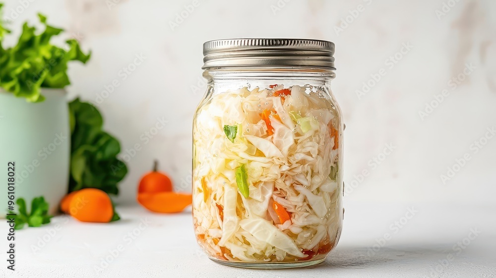 A macro shot of a glass jar filled with sauerkraut, with visible fermentation bubbles, Fermented Cabbage, highlighting the traditional probiotic food that aids in digestion A macro shot of a glass jar filled with sauerkraut, with visible fermentation bubbles, Fermented Cabbage, highlighting the traditional probiotic food that aids in digestion