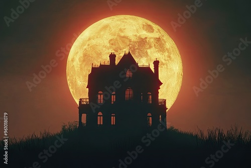 Spooky Haunted House Silhouette Against Full Moon in Night Sky photo