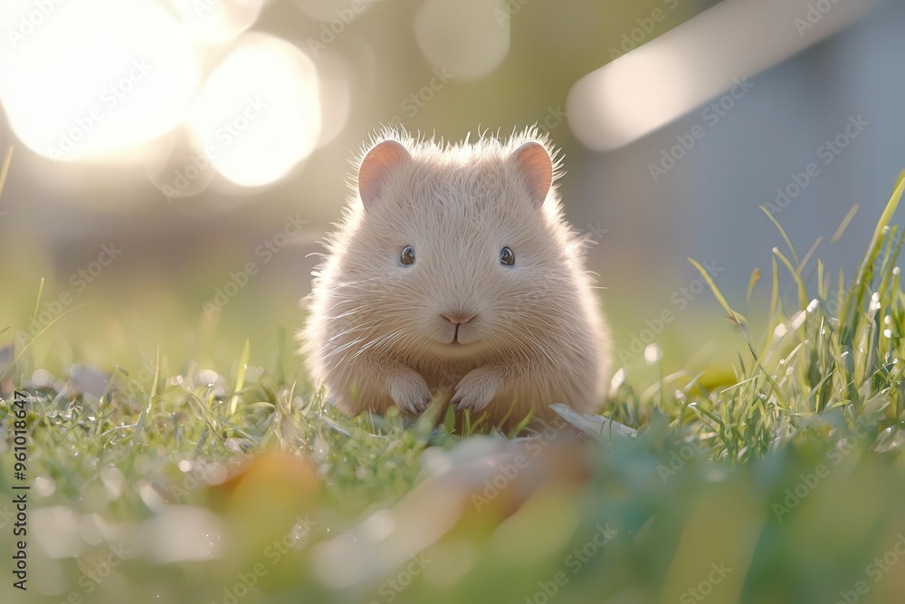 Elusive Northern hairy-nosed wombat spotted in grassy terrain, elusive marsupial, golden evening light. Elusive Northern hairy-nosed wombat spotted in grassy terrain, elusive marsupial, golden evening light.