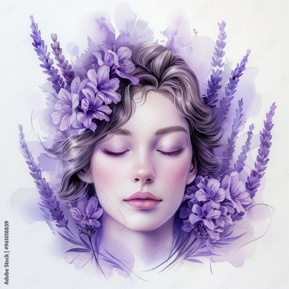 Purple violet watercolour portrait of pretty woman with lavender lavandula flower in her hair on white background. Floral blossom concept Purple violet watercolour portrait of pretty woman with lavender lavandula flower in her hair on white background. Floral blossom concept