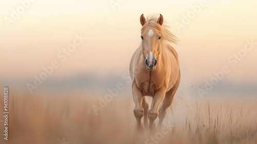 Elegant Przewalski's horse running across grassland steppe, rare species in motion, sunset colors in sky photo