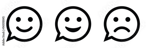 Happy and sad speech bubble icon set. Smile face and sad. Feedback emoji, emoticons. Smiley icon set. Good and bad emotions. Vector illustration