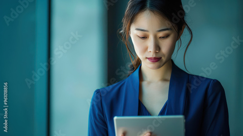 Focused woman using tablet in modern office setting