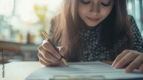 A person checking off financial goals on a list after receiving their paycheck, with a satisfied expression, closeup shot, soft lighting, organized setting, motivational mood
