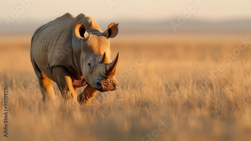 Critically endangered northern white rhino roaming on a grassy plain, rare species, warm golden sunset glow.