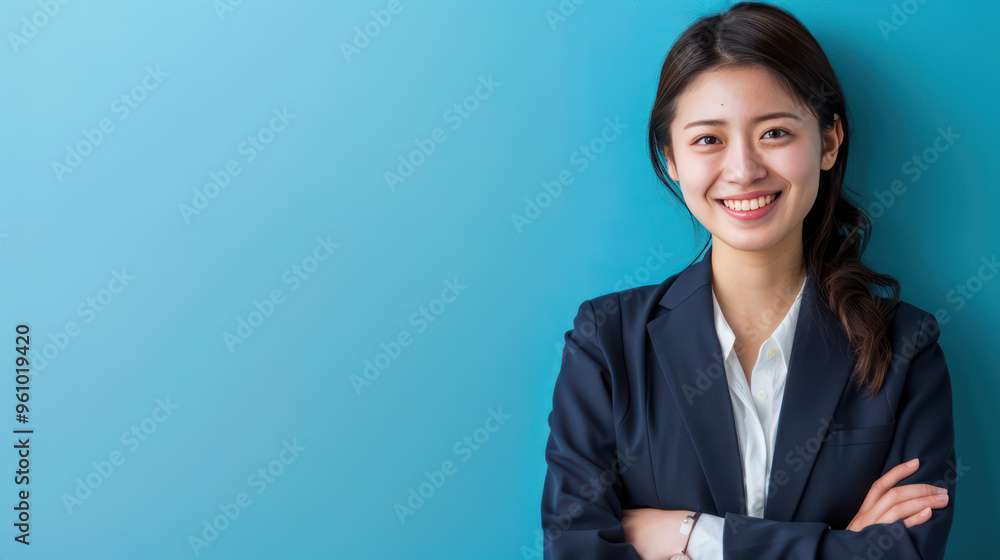 Smiling woman in business suit against blue background, exuding confidence and professionalism. Smiling woman in business suit against blue background, exuding confidence and professionalism.