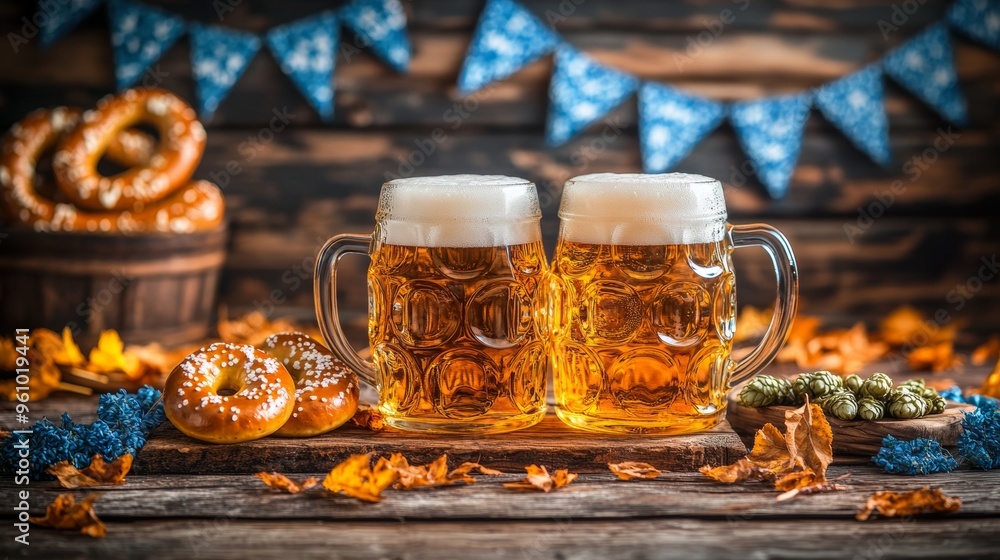 A vibrant Oktoberfest scene with frothy beer mugs sitting on a rustic wooden table surrounded by traditional Bavarian decorations such as pretzels, hops, and sausage platters. The background A vibrant Oktoberfest scene with frothy beer mugs sitting on a rustic wooden table surrounded by traditional Bavarian decorations such as pretzels, hops, and sausage platters. The background