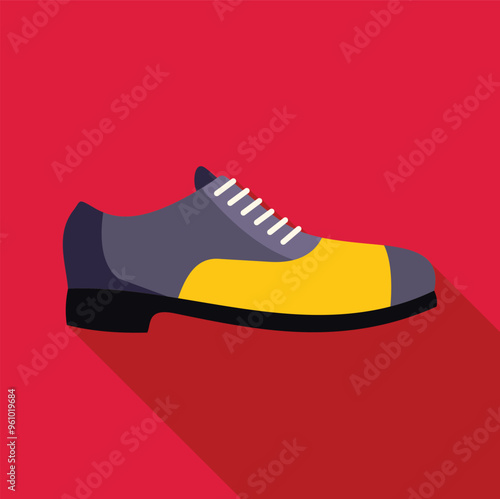 Yellow and grey shoe with laces fashion flat design icon with long shadow on red background