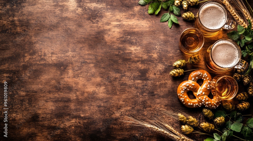 A warm Oktoberfest background with a large pretzel resting on a rustic wooden table, surrounded by hops, beer mugs, and Bavarian flags. The scene evokes a cozy beer garden atmosphere. The left side A warm Oktoberfest background with a large pretzel resting on a rustic wooden table, surrounded by hops, beer mugs, and Bavarian flags. The scene evokes a cozy beer garden atmosphere. The left side