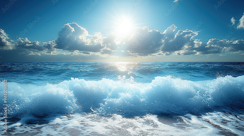 Blue ocean waves, a beautiful blue sky with sun and clouds Blue ocean waves, a beautiful blue sky with sun and clouds