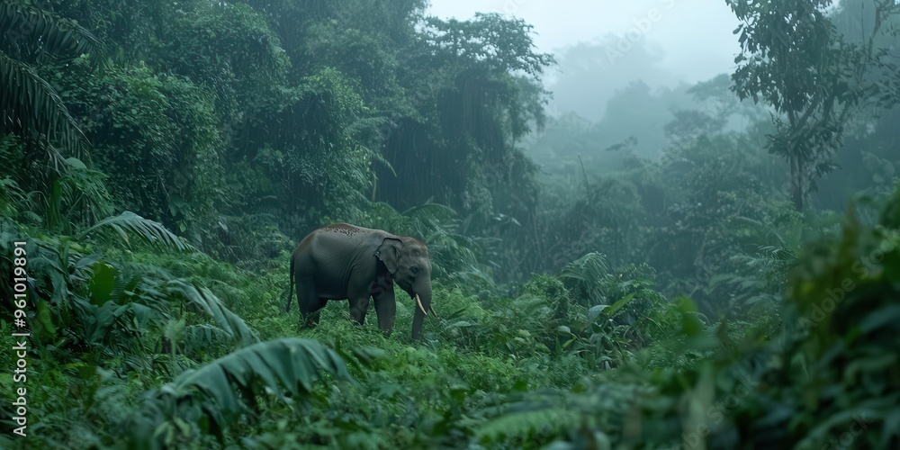 Fototapeta premium A Borneo pygmy elephant gracefully strolling through lush rainforest, a rare sight indeed, illuminated by the soft glow of the morning mist.