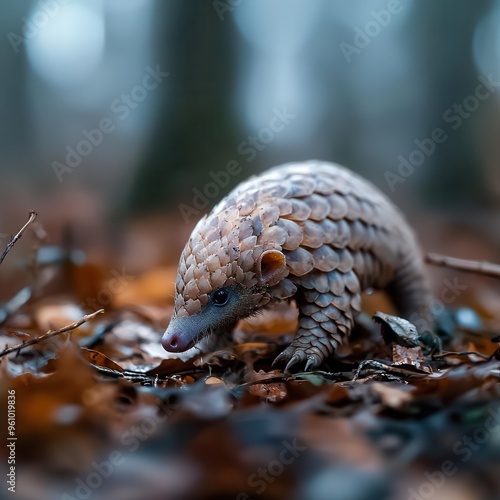 As the Chinese pangolin strolled across the forest floor at dusk, the rare wildlife was illuminated by dramatic lighting, creating a dark and mysterious atmosphere. photo