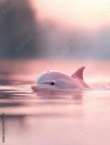 A rare aquatic mammal, the Baiji dolphin gracefully swims in the calm river, its soft reflections shimmering in the water under the pastel sky. photo