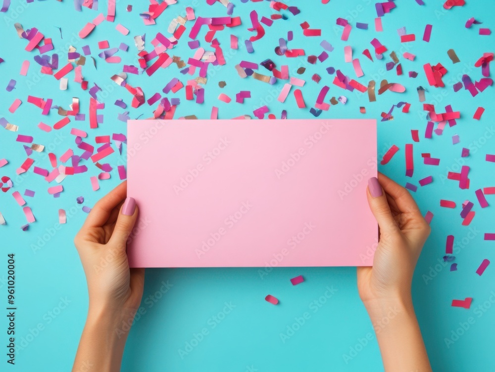 Pay day concept, hands holding a paycheck with confetti, joyful financial moment, 3D illustration Pay day concept, hands holding a paycheck with confetti, joyful financial moment, 3D illustration