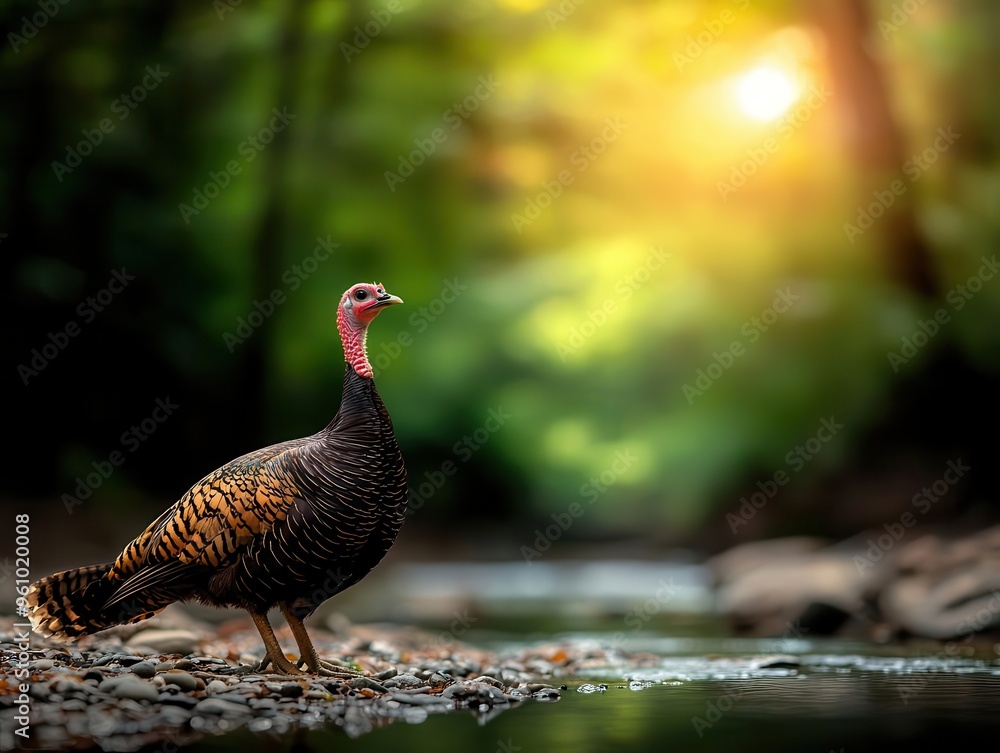 A wild turkey by a serene forest stream, sunlight streaming through the trees, representing the blessings of nature, Realism, Earthy tones A wild turkey by a serene forest stream, sunlight streaming through the trees, representing the blessings of nature, Realism, Earthy tones