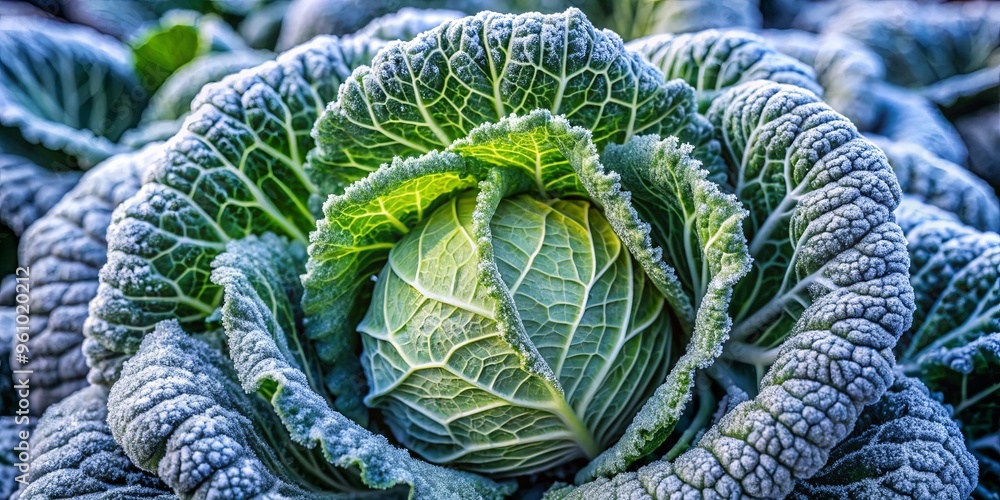 Obraz premium Frozen cabbage covered with frost in a winter garden