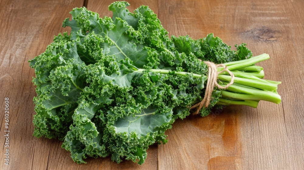 Fresh kale leaves bunched together with twine, lying on a wooden kitchen counter, ready to be used in cooking Fresh kale leaves bunched together with twine, lying on a wooden kitchen counter, ready to be used in cooking