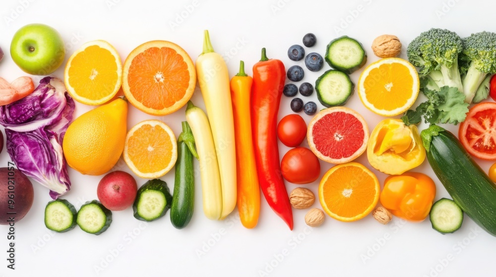 A vibrant array of fruits and vegetables rich in vitamins, symbolizing health and longevity, isolated on white background A vibrant array of fruits and vegetables rich in vitamins, symbolizing health and longevity, isolated on white background