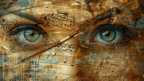 Wallpaper Mural A captivating digital artwork merges expressive human eyes with floating musical notes, creating a surreal and artistic representation. The image evokes a sense of creativity and harmony, perfect for Torontodigital.ca