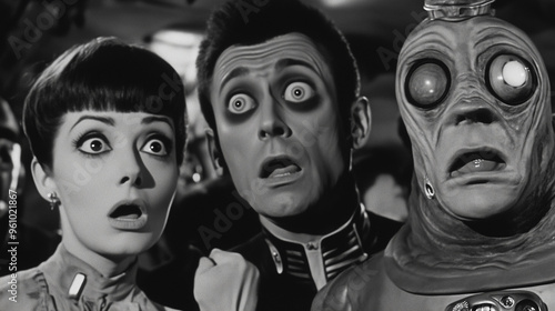 Three characters with wide-eyed expressions of shock, including an alien figure, stare forward in a dramatic black-and-white close-up, evoking the quirky charm of 1960s Italian sci-fi. photo