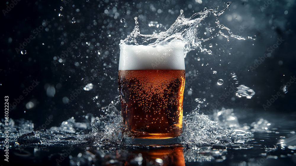 glass of beer with a dramatic splash, the liquid and foam casting bold, dark shadows against a moody background glass of beer with a dramatic splash, the liquid and foam casting bold, dark shadows against a moody background