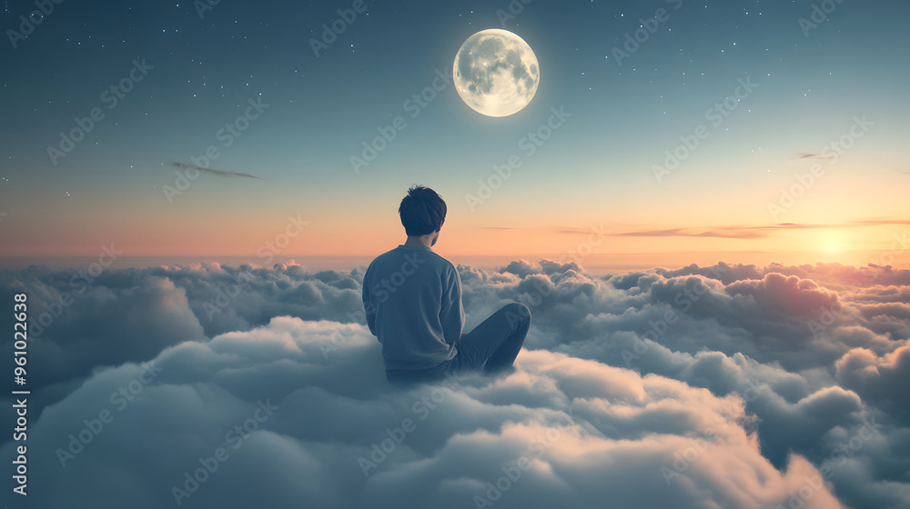 Dreamy scene of men seated on fluffy clouds, looking out at the tranquil landscape and seeking serenity against a magical sky and moon backdrop. Dreamy scene of men seated on fluffy clouds, looking out at the tranquil landscape and seeking serenity against a magical sky and moon backdrop.