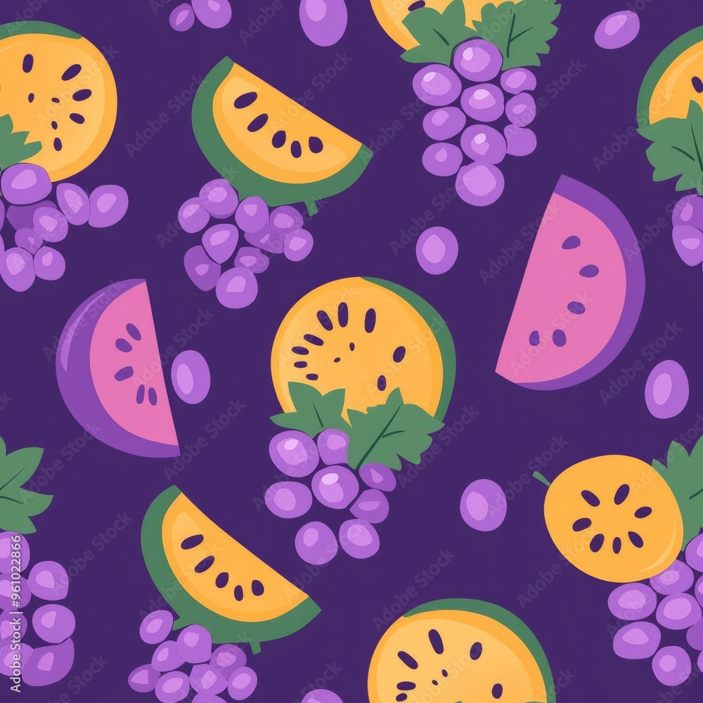 seamless pattern of juicy grapes and melons with simple shapes seamless pattern of juicy grapes and melons with simple shapes