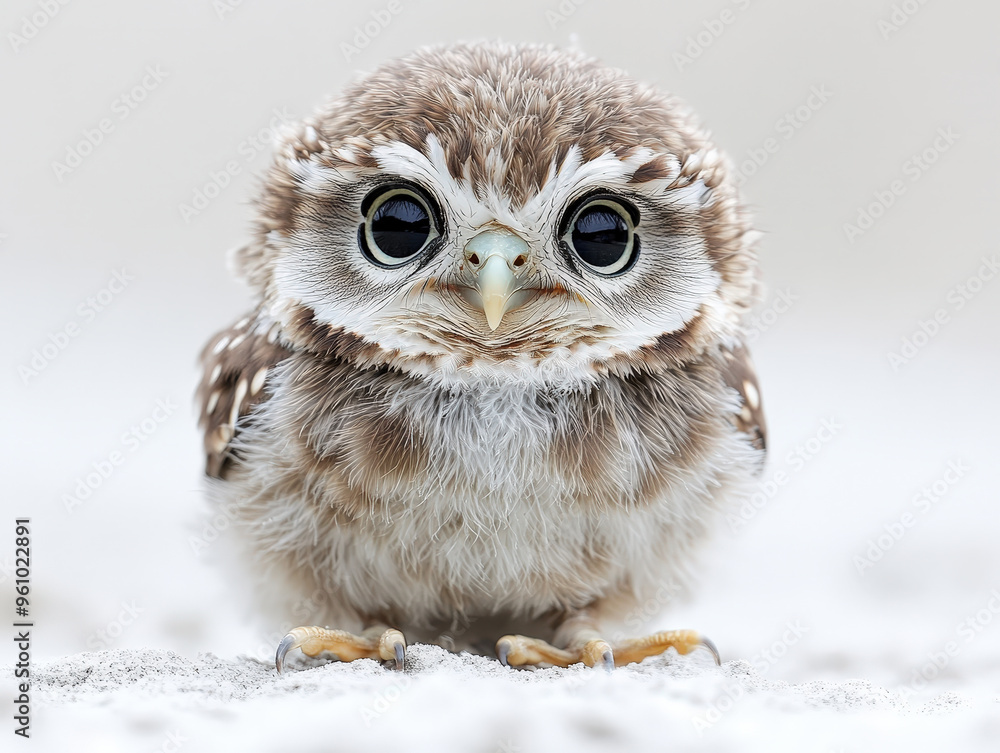 Adorable Curious Baby Owl with Fluffy Feathers and Intelligent Expression on White Background Adorable Curious Baby Owl with Fluffy Feathers and Intelligent Expression on White Background