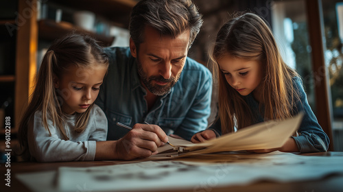 A father teaches his two young daughters drawing at a cozy table, focusing intently on a shared art project in a warm, softly lit room.