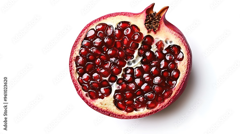 Pomegranate Half Open Seeds Red Fruit Healthy Close Up Isolated White Background Pomegranate Half Open Seeds Red Fruit Healthy Close Up Isolated White Background