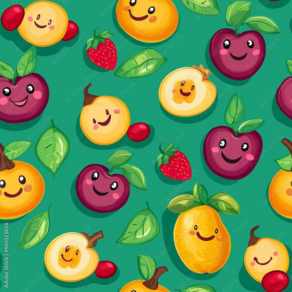 seamless pattern of playful fruit characters with smiling faces seamless pattern of playful fruit characters with smiling faces