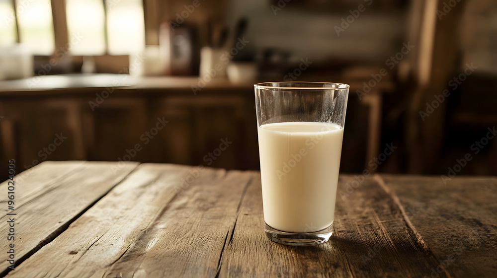 glass of fresh milk on a rustic wooden table, with a background of a cozy farmhouse kitchen glass of fresh milk on a rustic wooden table, with a background of a cozy farmhouse kitchen