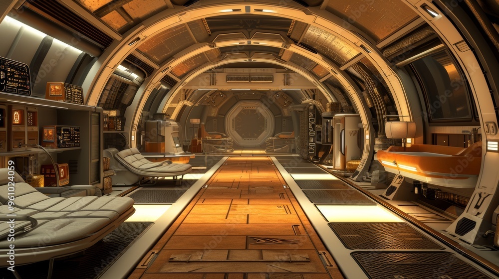 A detailed 3D rendering of the interior of a futuristic space station, featuring advanced technology and modern design. The space station is depicted with sleek, high-tech furnishings and illuminated A detailed 3D rendering of the interior of a futuristic space station, featuring advanced technology and modern design. The space station is depicted with sleek, high-tech furnishings and illuminated